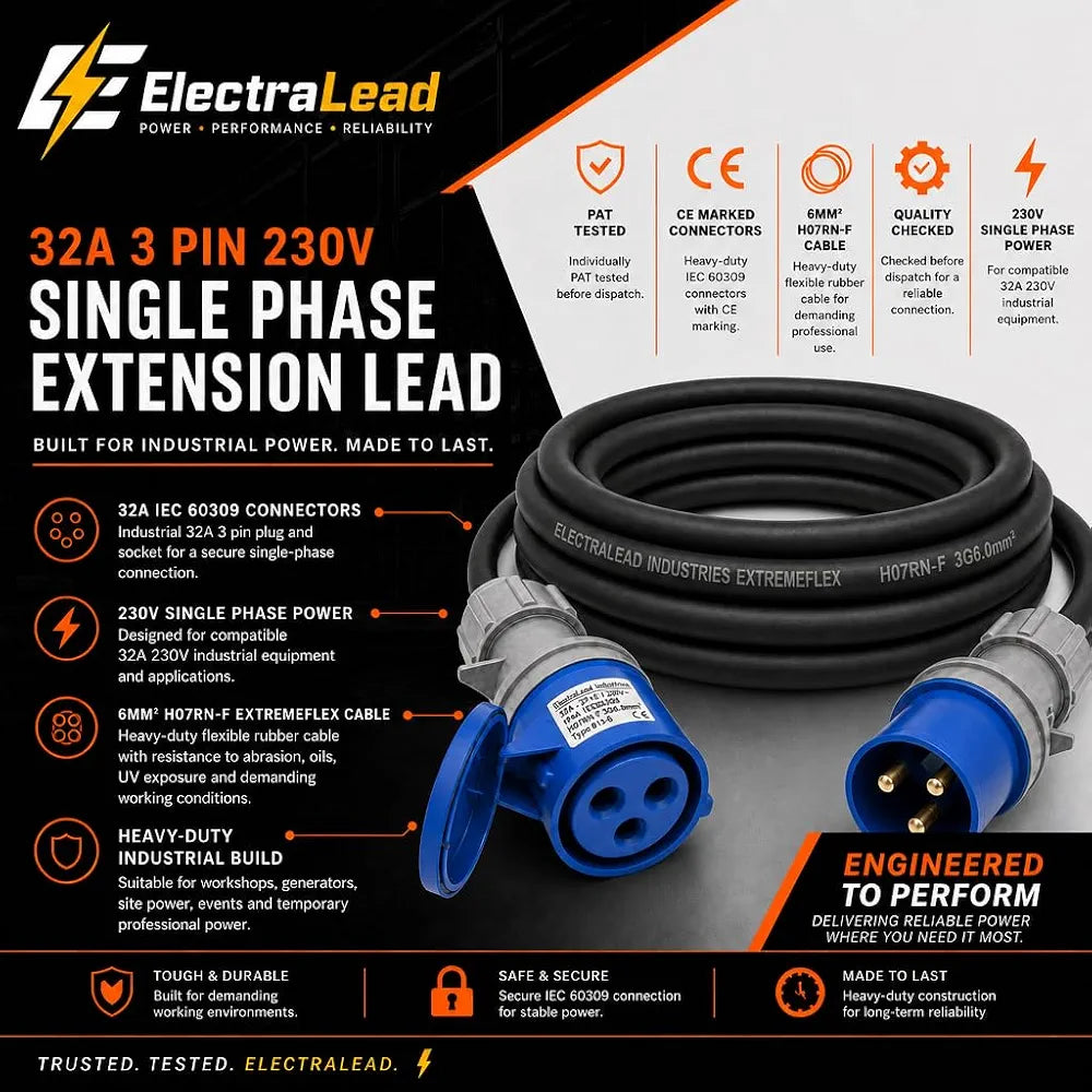 32A 3 Pin 230V 3m Blue Industrial Single Phase Extension Lead – 32 Amp, 3G6mm² H07RN-F Rubber Cable, IP44, CE Marked IEC 60309 2P+E Components 