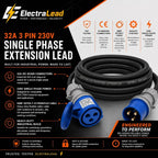 32A 3 Pin 230V 3m Blue Industrial Single Phase Extension Lead – 32 Amp, 3G6mm² H07RN-F Rubber Cable, IP44, CE Marked IEC 60309 2P+E Components 