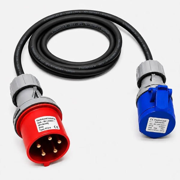32A 5 Pin 415V to 16A 3 Pin 230V 1m Industrial Adaptor Lead – 3G2.5mm² H07RN-F Rubber Cable, IP44, CE Marked IEC 60309 Connectors 