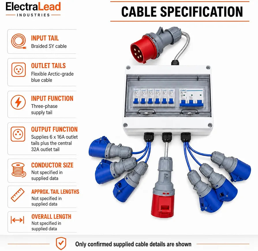 ElectraLead 32A 5-Pin 415V MCB Box, 32A Outlet and 6 x 16A Sockets