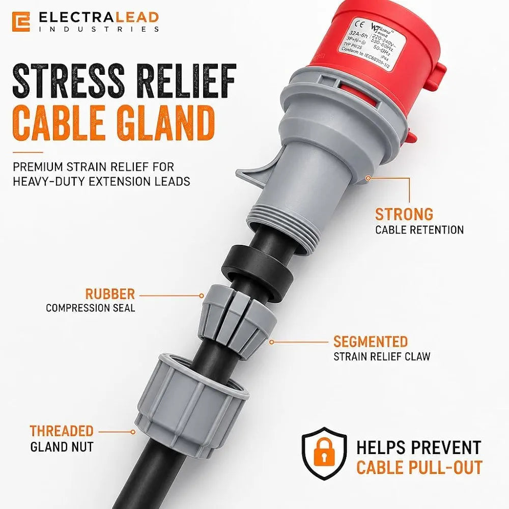 32A 5 Pin 415V 3m Red Industrial 3 Phase Extension Lead – 32 Amp, 5G6mm² SY Steel Wire Braided Cable, IP44, CE Marked IEC 60309 Components 