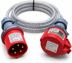16A 5 Pin to 16A 4 Pin 415V 1M 3 Phase Industrial Adaptor Lead – 4G2.5mm² SY Steel Wire Braided Cable, 3P+N+E to 3P+E, IP44, Red CE Marked IEC 60309 Connectors 