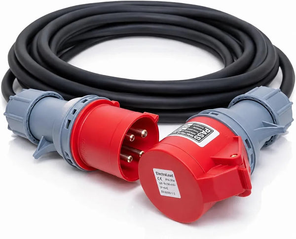 32A 4 Pin 415V Red Industrial 3 Phase Extension Lead 3m– 32 Amp, 4G4mm² H07RN-F Rubber Cable, IP44, CE Marked IEC 60309 Components 