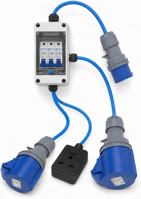32A 3-Pin 230V Single-Phase MCB Distribution Box to 32A, 16A & 13A UK Outputs