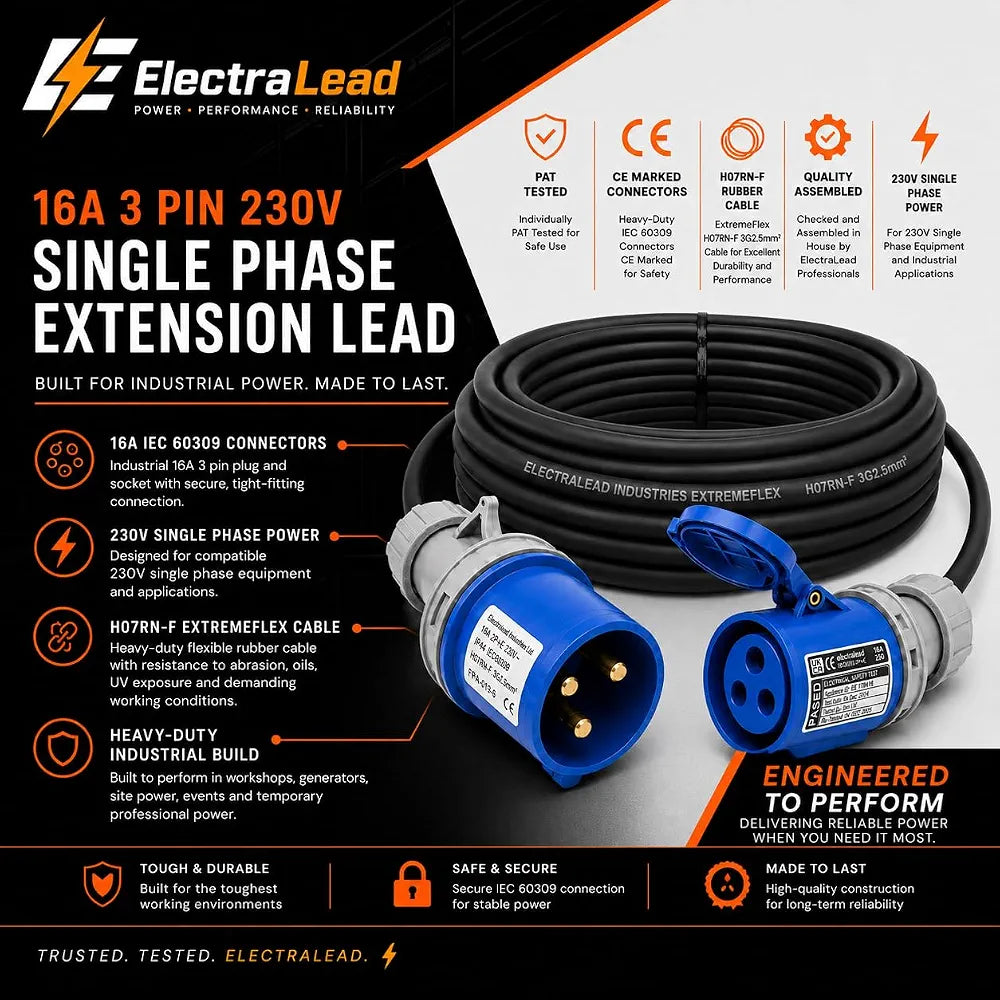 ElectraLead 16A 3 Pin 3m Industrial Extension Lead 230V Single Phase Blue IP44 IEC 60309 – CE Marked Connectors – 3G2.5mm² H07RN-F Rubber Cable – PAT Tested 