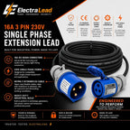 ElectraLead 16A 3 Pin 3m Industrial Extension Lead 230V Single Phase Blue IP44 IEC 60309 – CE Marked Connectors – 3G2.5mm² H07RN-F Rubber Cable – PAT Tested 