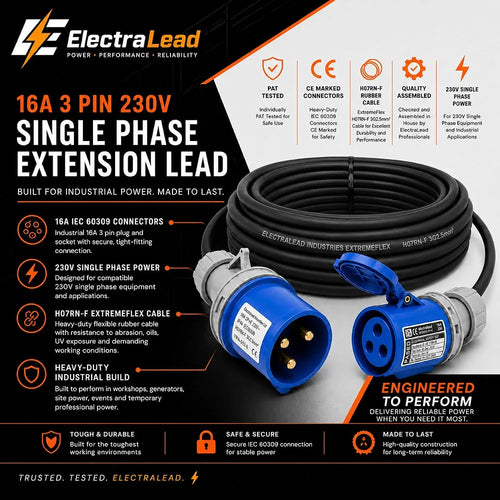 ElectraLead 16A 3 Pin 3m Industrial Extension Lead 230V Single Phase Blue IP44 IEC 60309 – CE Marked Connectors – 3G2.5mm² H07RN-F Rubber Cable – PAT Tested 