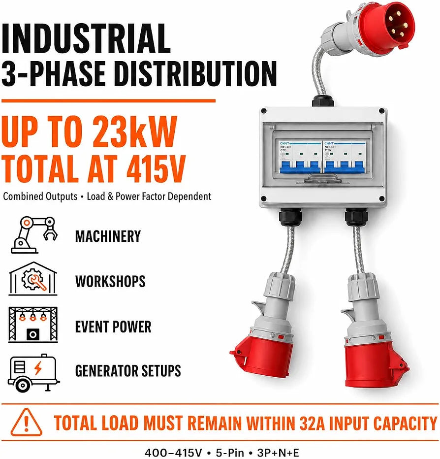 32A 5 Pin 415V 3 Phase MCB Distribution Box to 32A + 16A Outputs