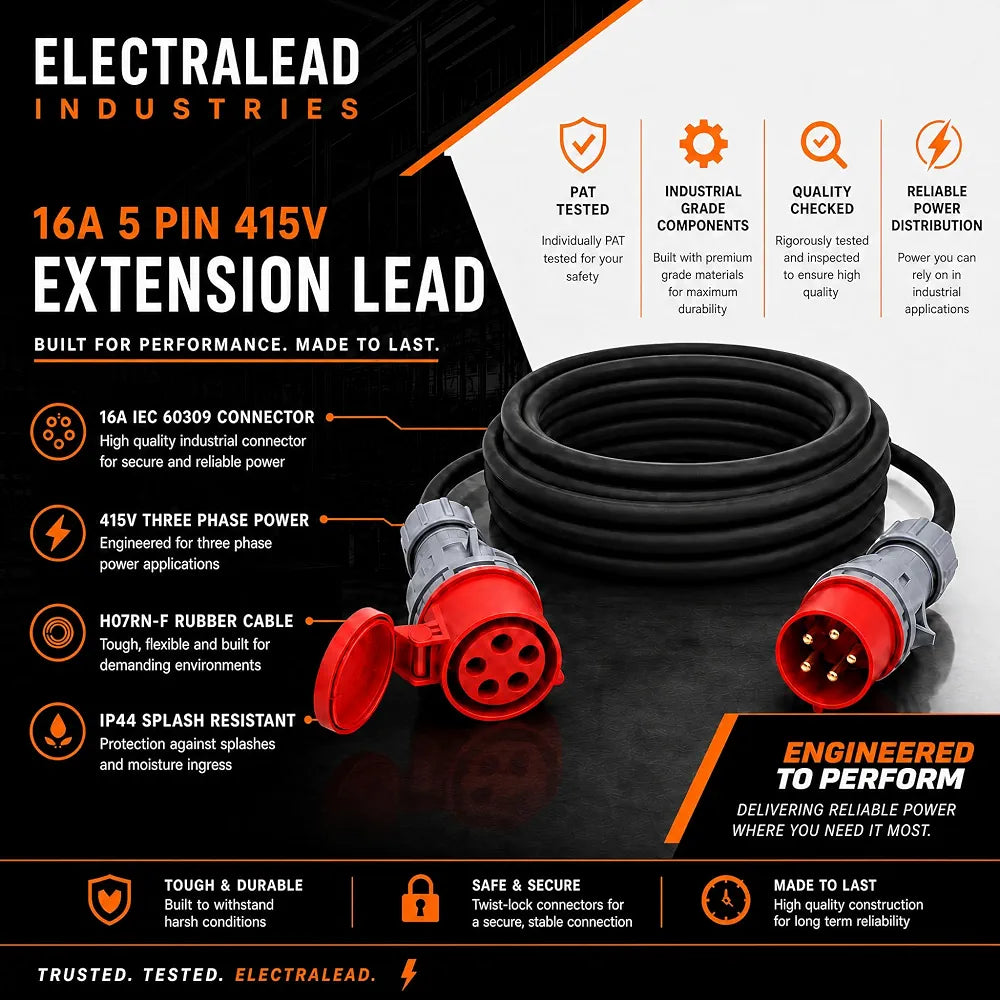 16A 5 Pin 415V 3m Red Industrial 3 Phase Extension Lead – 16 Amp, 5G2.5mm² H07RN-F Rubber Cable, IP44, CE Marked IEC 60309 Components 