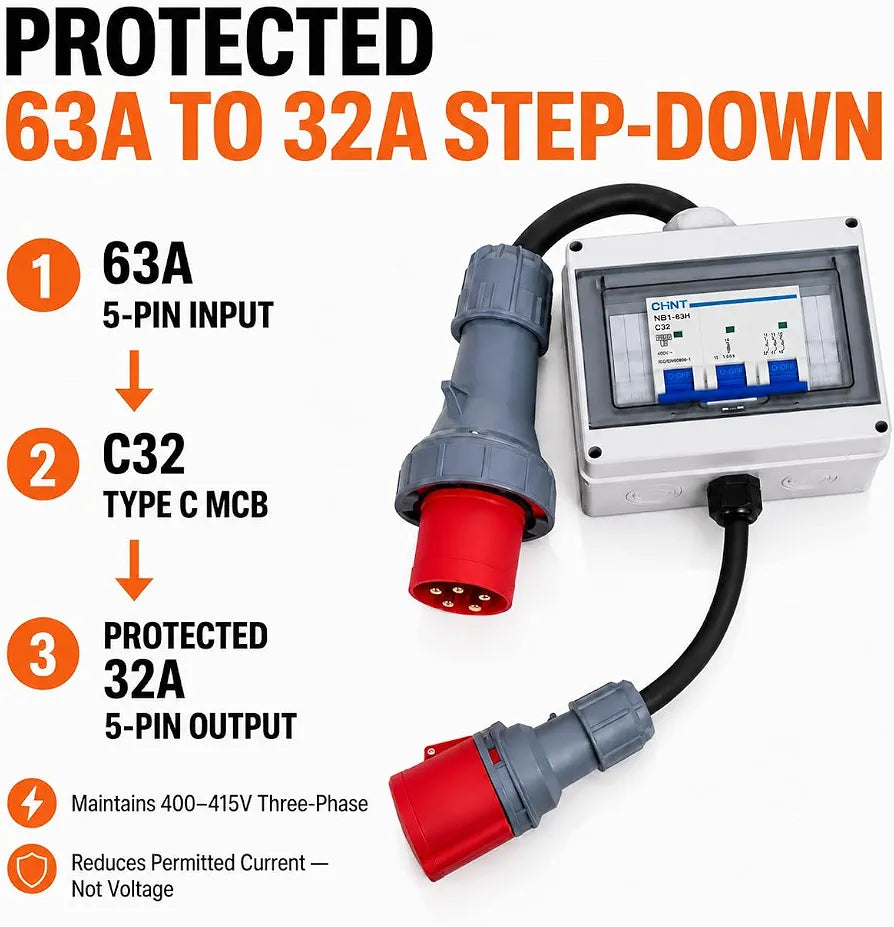 63A to 32A 5 Pin 415V 3 Phase MCB Step-Down Distribution Box – 5G16mm² to 5G6mm² H07RN-F Cable, IP44, Type C MCB, CE Marked Industrial Connectors