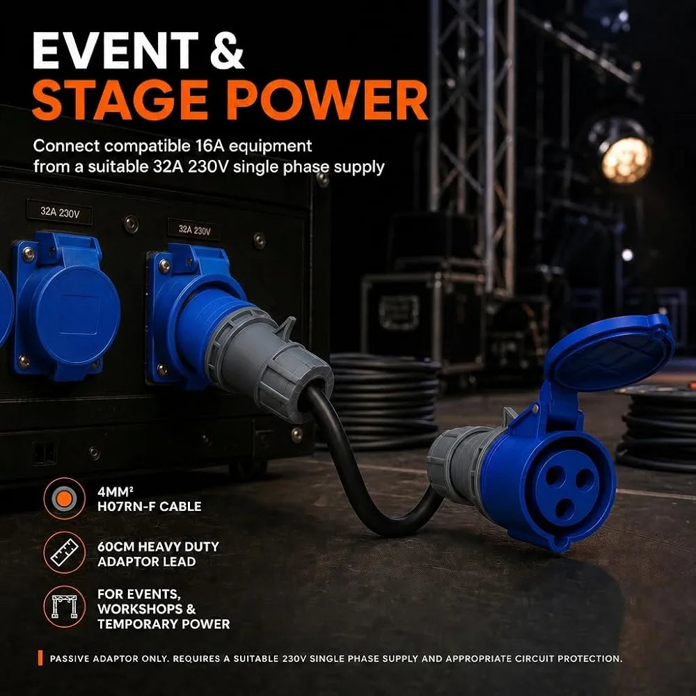 32A 3 Pin to 16A 3 Pin Adaptor Lead – 230V Blue Single Phase Plug to 16A Blue CEE Socket, 60cm 4mm² H07RN-F Extreme Flexible Cable, Heavy Duty Industrial Fly Lead for Events, Site Power & EV Chargers