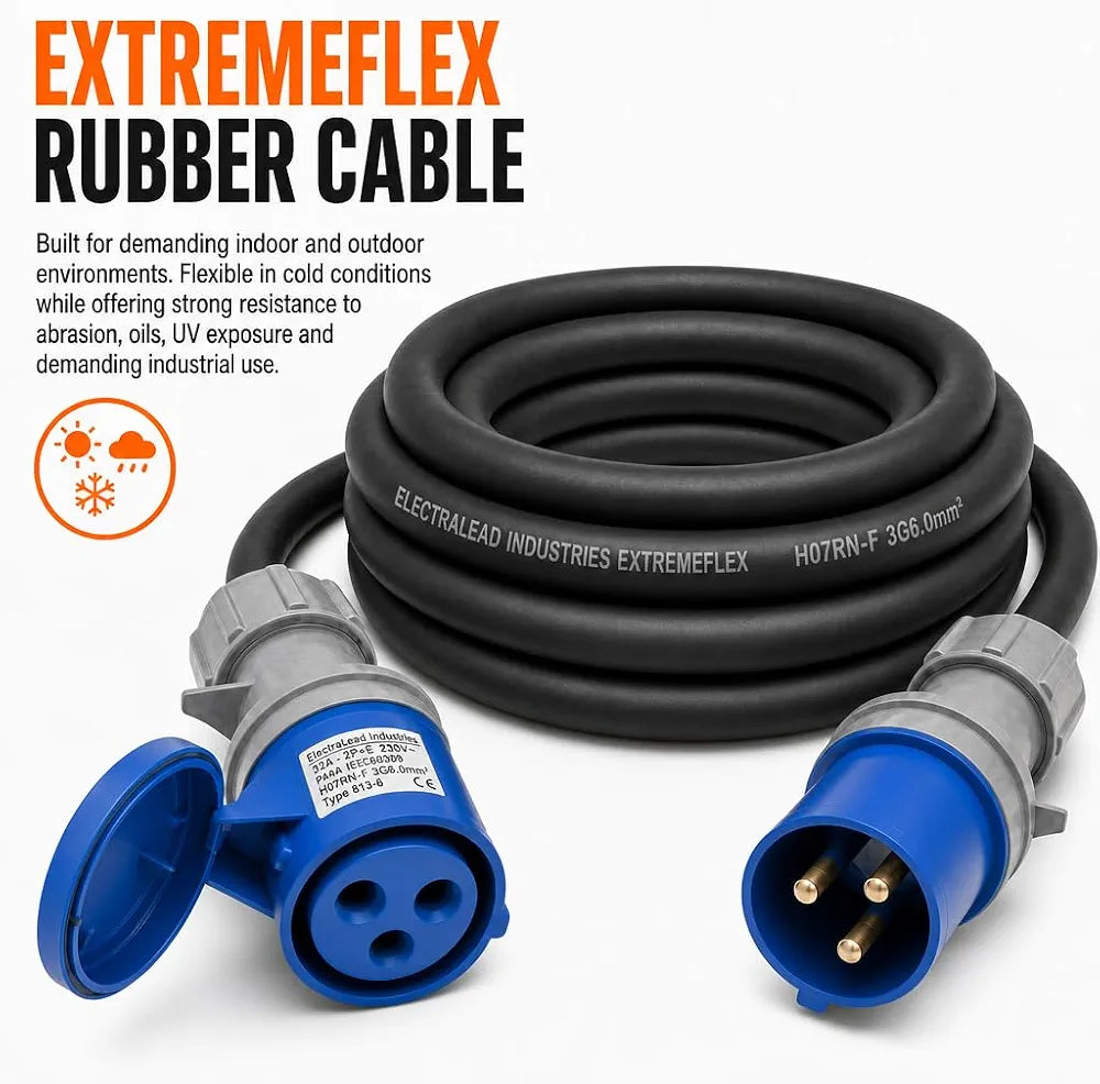32A 3 Pin 230V 3m Blue Industrial Single Phase Extension Lead – 32 Amp, 3G6mm² H07RN-F Rubber Cable, IP44, CE Marked IEC 60309 2P+E Components 