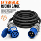 32A 3 Pin 230V 3m Blue Industrial Single Phase Extension Lead – 32 Amp, 3G6mm² H07RN-F Rubber Cable, IP44, CE Marked IEC 60309 2P+E Components 