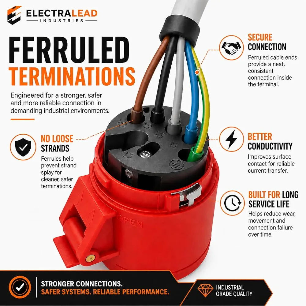 32A 5 Pin 415V 3m Red Industrial 3 Phase Extension Lead – 32 Amp, 5G6mm² H07RN-F Rubber Cable, IP44, CE Marked IEC 60309 Components 