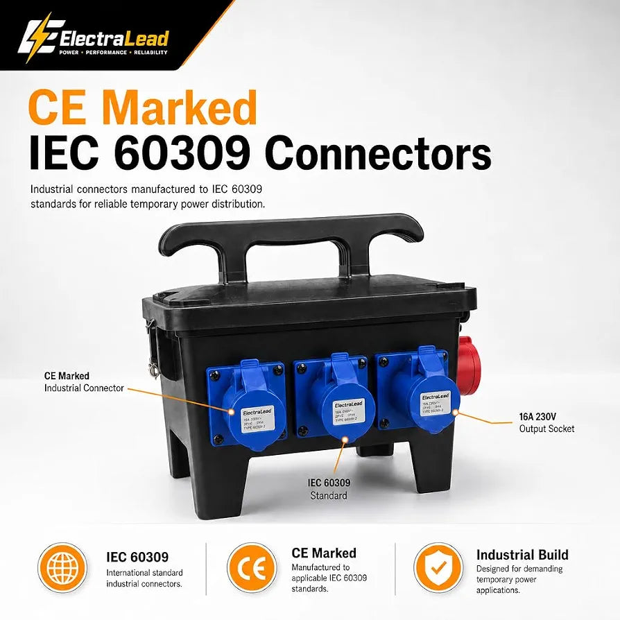 32A 5 Pin 415V Distribution Box, 6 x 16A 230V IP44 Industrial Site Power Box with Individual 16A MCB Protection & Main 32A 3 Pole MCB, IEC 60309 Portable Distribution Unit