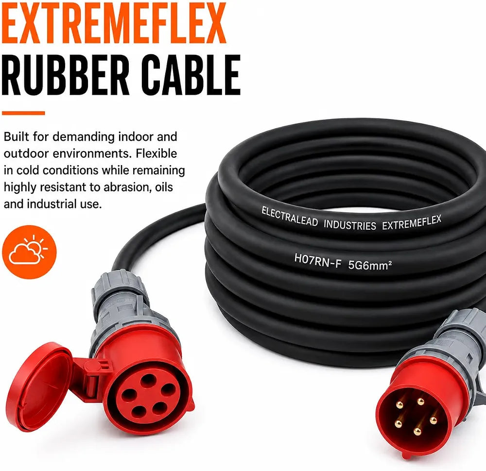 32A 5 Pin 415V 3m Red Industrial 3 Phase Extension Lead – 32 Amp, 5G6mm² H07RN-F Rubber Cable, IP44, CE Marked IEC 60309 Components 