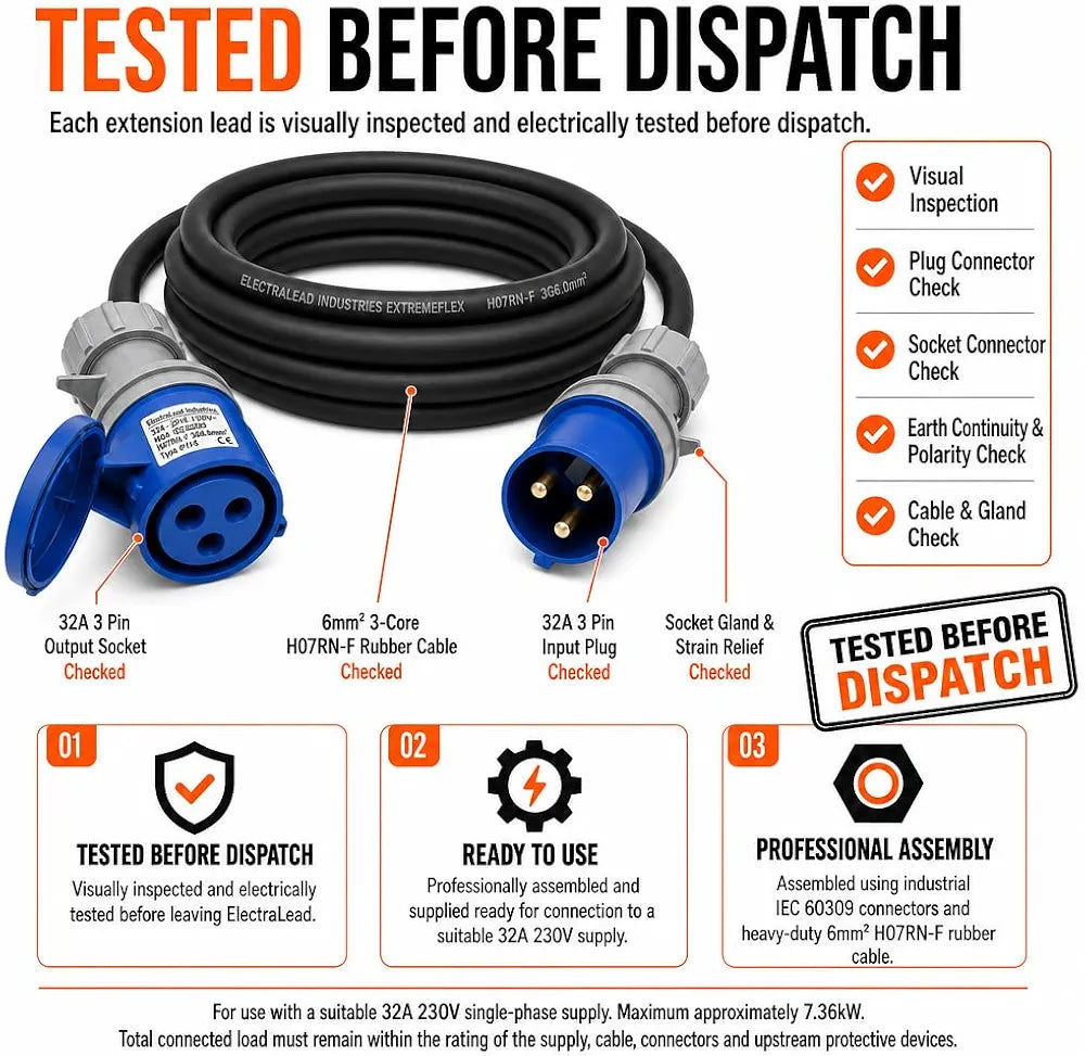 32A 3 Pin 230V 3m Blue Industrial Single Phase Extension Lead – 32 Amp, 3G6mm² H07RN-F Rubber Cable, IP44, CE Marked IEC 60309 2P+E Components 
