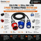 ElectraLead Red 32A 5 Pin to 32A & 16A 3 Pin Splitter Lead – 1m H07RN-F Rubber Cable – 415V Three Phase to 230V Single Phase – CE Marked IEC 60309 Connectors – Electrically Tested