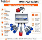 ElectraLead 32A 5-Pin 415V MCB Box, 32A Outlet and 6 x 16A Sockets