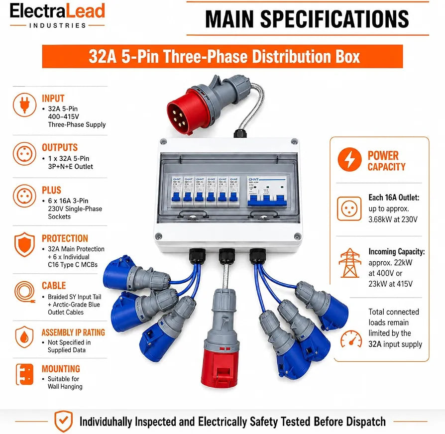 ElectraLead 32A 5-Pin 415V MCB Box, 32A Outlet and 6 x 16A Sockets
