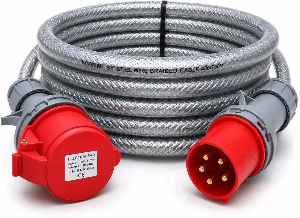 32A 5 Pin 415V 3m Red Industrial 3 Phase Extension Lead – 32 Amp, 5G6mm² SY Steel Wire Braided Cable, IP44, CE Marked IEC 60309 Components 