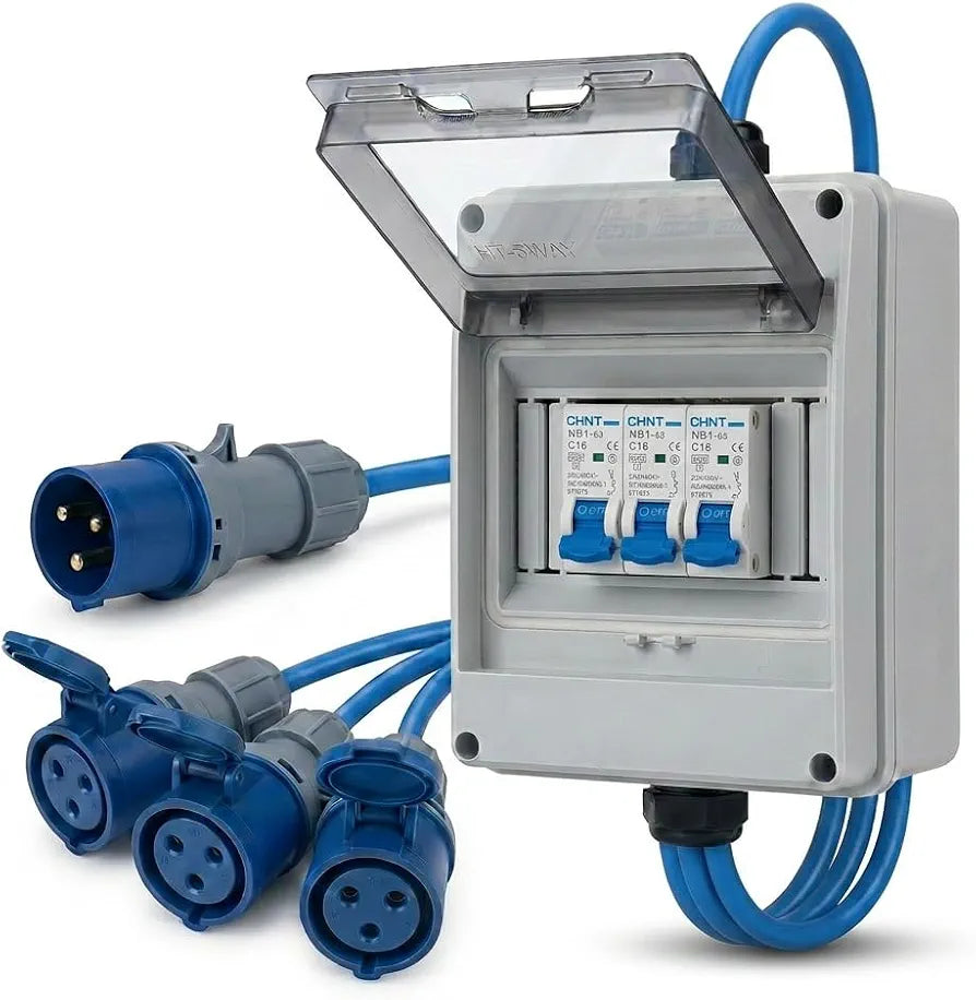 32A 3 Pin 230V Blue CE Distribution Box to 3 x 16A 3 Pin Outputs, Triple MCB Protected IEC 60309 IP44 Single Phase Power Splitter, Arctic Grade Cable, PAT Tested