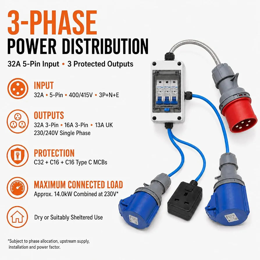 32A 5-Pin 415V 3-Phase MCB Distribution Box to 32A, 16A & 13A UK Outputs