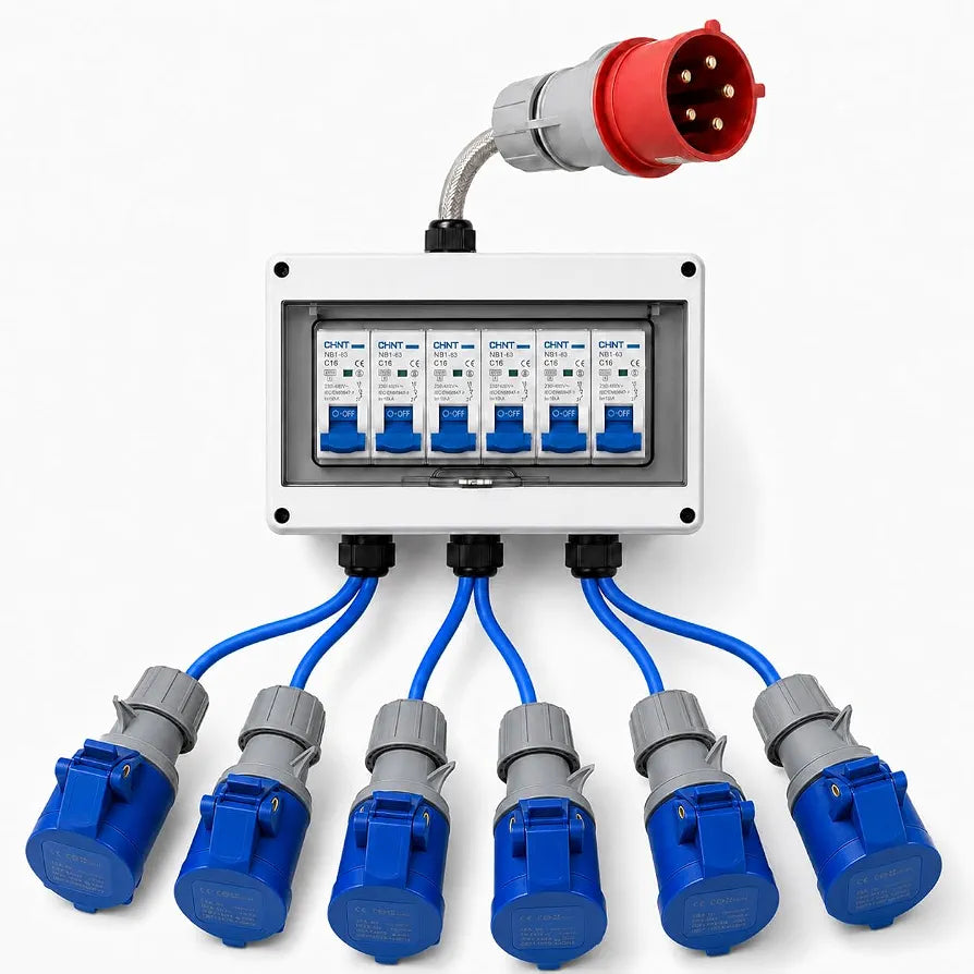 32A 5-Pin 415V 3-Phase Distribution Box to 6 × 16A 3-Pin 230V Outputs