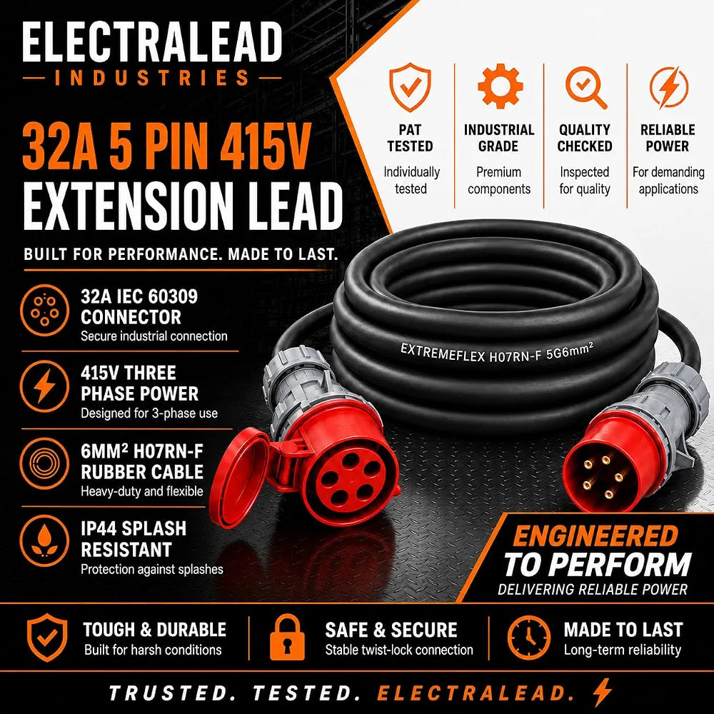 32A 5 Pin 415V 3m Red Industrial 3 Phase Extension Lead – 32 Amp, 5G6mm² H07RN-F Rubber Cable, IP44, CE Marked IEC 60309 Components 