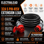 32A 5 Pin 415V 3m Red Industrial 3 Phase Extension Lead – 32 Amp, 5G6mm² H07RN-F Rubber Cable, IP44, CE Marked IEC 60309 Components 