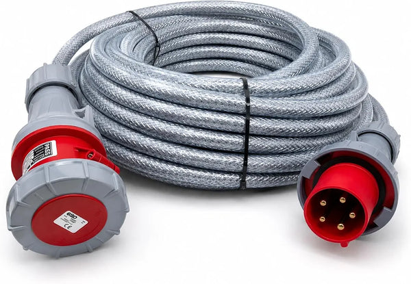 3 Phase Extension Lead - 63A 5 Pin 3m 415V IP67 SY Steel Wire Braided Cable - Red CE Marked Industrial Connector - PAT Tested 