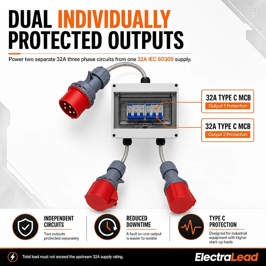 32A 5 Pin 415V Red CE Distribution Box to 2 x 32A 5 Pin Outputs, Dual MCB Protected IEC 60309 IP65 Industrial Power Splitter