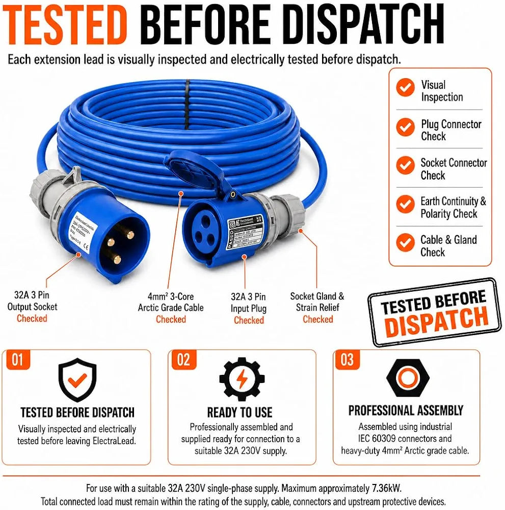 32A 3 Pin 240V 3m Blue Industrial Single Phase Extension Lead – 32 Amp, 3G4mm² Arctic Grade Cable, IP44, CE Marked IEC 60309 2P+E Components 