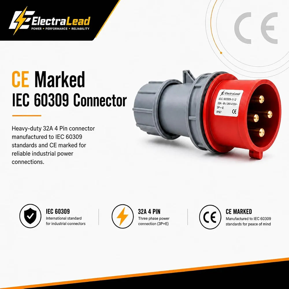 32A 5 Pin to 32A 4 Pin 415V 1M 3 Phase Industrial Adaptor Lead – 3P+N+E to 3P+E, SY Steel Wire Braided Cable, CE Marked IEC 60309 Connectors, IP44, 