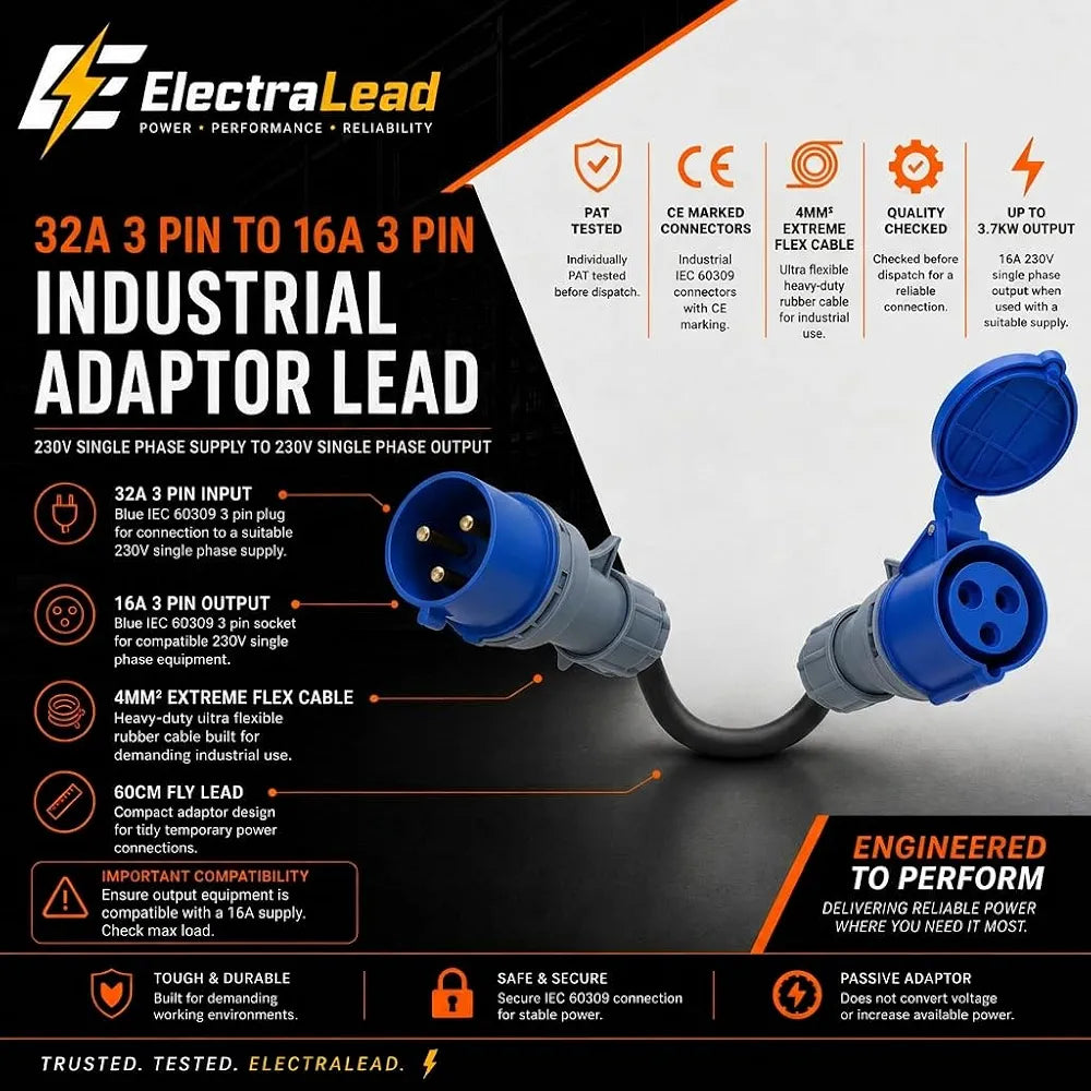 32A 3 Pin to 16A 3 Pin Adaptor Lead – 230V Blue Single Phase Plug to 16A Blue CEE Socket, 60cm 4mm² H07RN-F Extreme Flexible Cable, Heavy Duty Industrial Fly Lead for Events, Site Power & EV Chargers