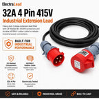 16A 4 Pin 415V Red Industrial 3 Phase 3m Extension Lead – 32 Amp, 4G2.5mm² H07RN-F Rubber Cable, IP44, CE Marked IEC 60309 Components 