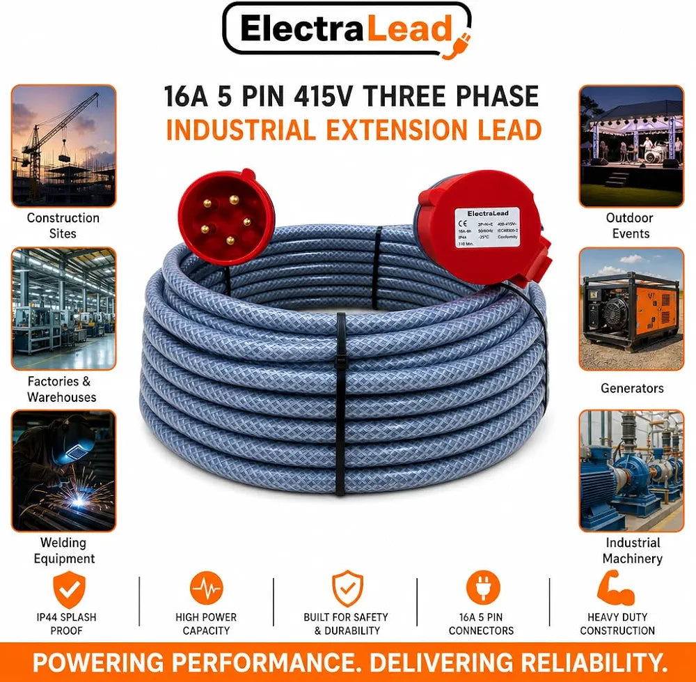 16 Amp 5 3m Pin 415V Three Phase Extension Lead - CE Red - 2.5mm² Heavy Duty Industrial Steel Armoured Cable 3 Phase 
