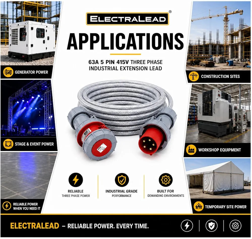 3 Phase Extension Lead - 63A 5 Pin 3m 415V IP67 SY Steel Wire Braided Cable - Red CE Marked Industrial Connector - PAT Tested 