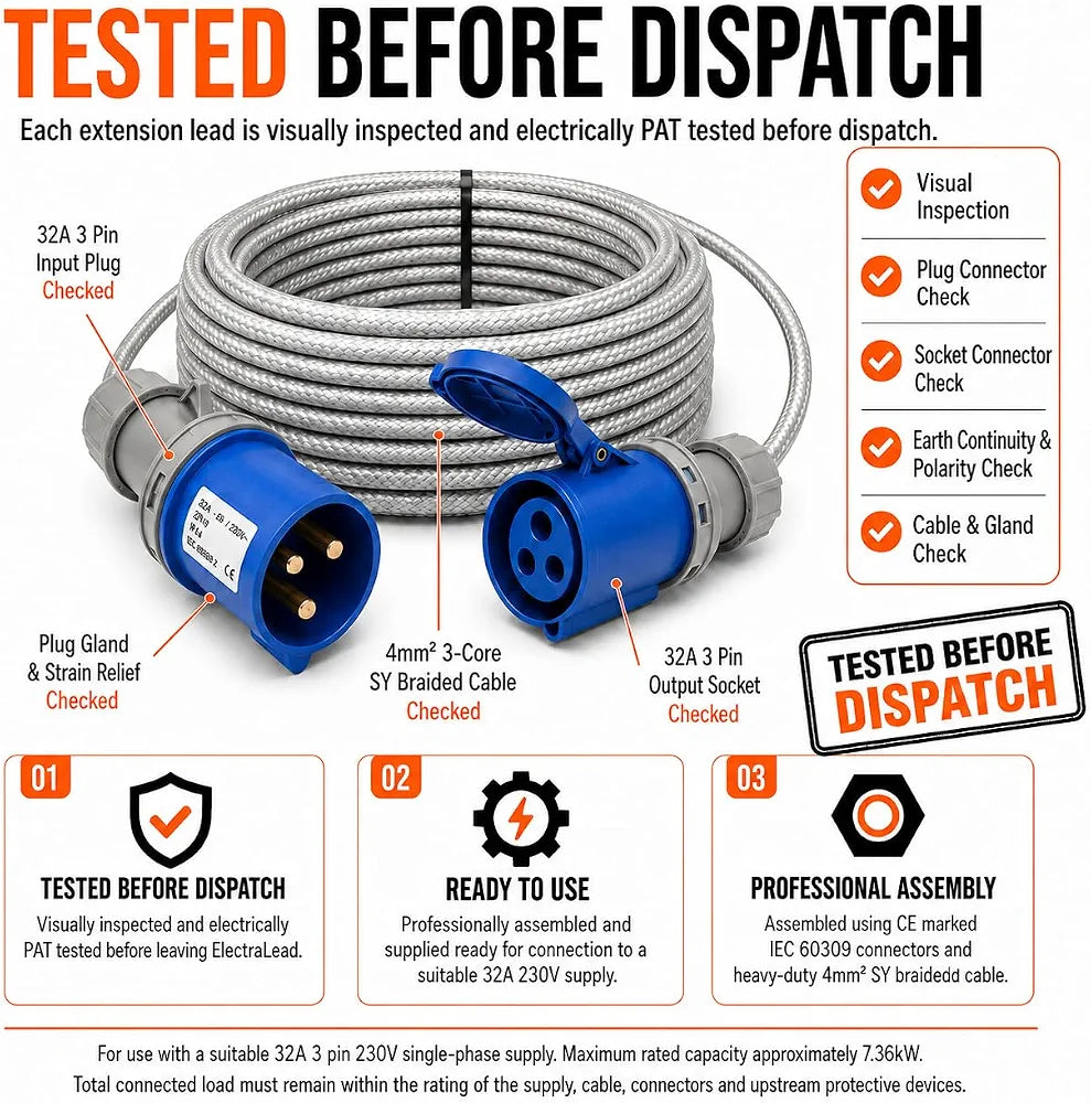 32A 3 Pin 230V 3m Blue Industrial Single Phase Extension Lead – 32 Amp, 3G4mm² SY Steel Wire Braided Cable, IP44, CE Marked IEC 60309 2P+E Components 