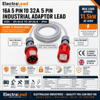 16A 5 Pin to 32A 5 Pin 415V 1M 3 Phase Industrial Adaptor Lead – 5G4mm² SY Steel Wire Braided Cable, IP44, CE Marked IEC 60309 Connectors 