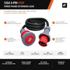 5 Metre 125A 5-Pin 415V IP67 3-Phase Extension Lead