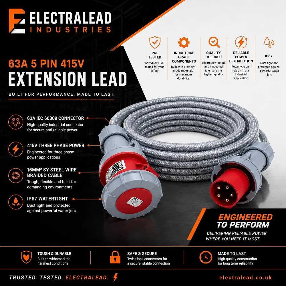 3 Phase Extension Lead - 63A 5 Pin 3m 415V IP67 SY Steel Wire Braided Cable - Red CE Marked Industrial Connector - PAT Tested 