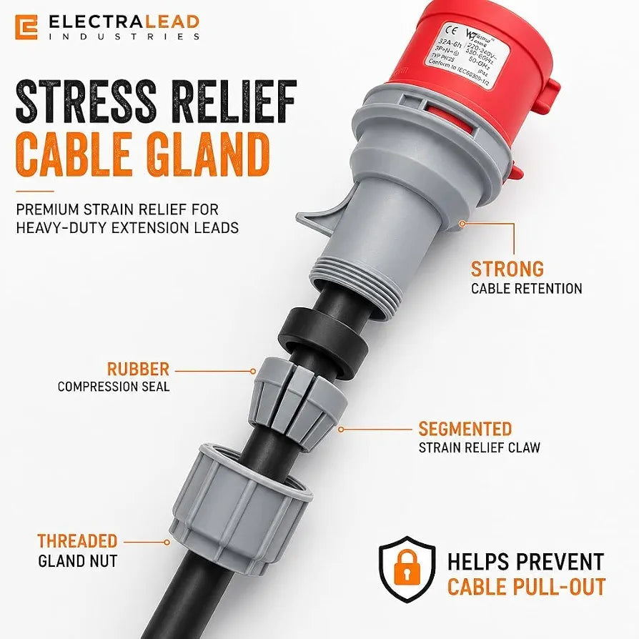 ElectraLead 32A 5 Pin to 32A & 16A 5 Pin Red 3 Phase Splitter Lead – 1m SY Steel Wire Braided Cable – 415V IEC 60309 IP44 – CE Marked Industrial Connectors – PAT Tested