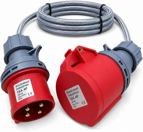 16A 4 Pin Plug to 32A 4 Pin Socket 1M 415V 3 Phase Adaptor Lead – 4 Core 4mm² SY Cable, IP44, CE Marked IEC 60309 Industrial Connectors – Multiple Lengths 