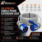 ElectraLead 16A 3 Pin Industrial Single Phase Extension Lead m – 230V Blue CEE Cable – 3x2.5mm² SY Steel Wire Braided Cable – CE Marked Industrial Connectors – IP44 IEC 60309 – PAT Tested 