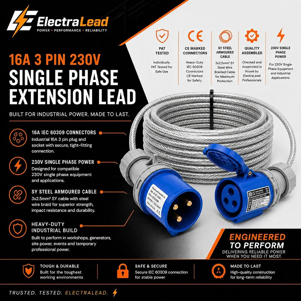 ElectraLead 16A 3 Pin Industrial Single Phase Extension Lead m – 230V Blue CEE Cable – 3x2.5mm² SY Steel Wire Braided Cable – CE Marked Industrial Connectors – IP44 IEC 60309 – PAT Tested 