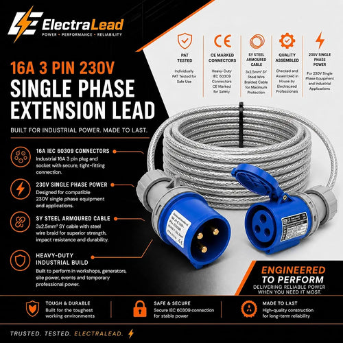ElectraLead 16A 3 Pin Industrial Single Phase Extension Lead m – 230V Blue CEE Cable – 3x2.5mm² SY Steel Wire Braided Cable – CE Marked Industrial Connectors – IP44 IEC 60309 – PAT Tested 
