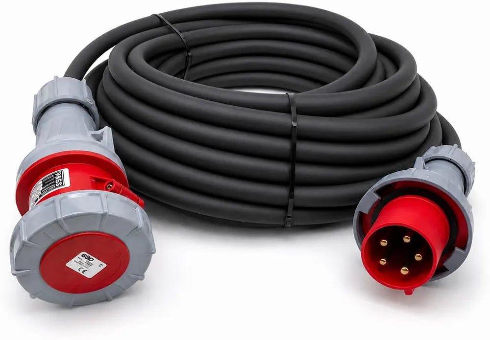 63 Amp 5 Pin 415V 3m Three Phase Extension Lead - CE Red - 16mm² Heavy Duty Industrial H07RN-F Rubber Cable 63A 3 Phase HO7 