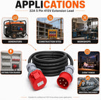 32A 5 Pin 415V 3m Red Industrial 3 Phase Extension Lead – 32 Amp, 5G6mm² H07RN-F Rubber Cable, IP44, CE Marked IEC 60309 Components 