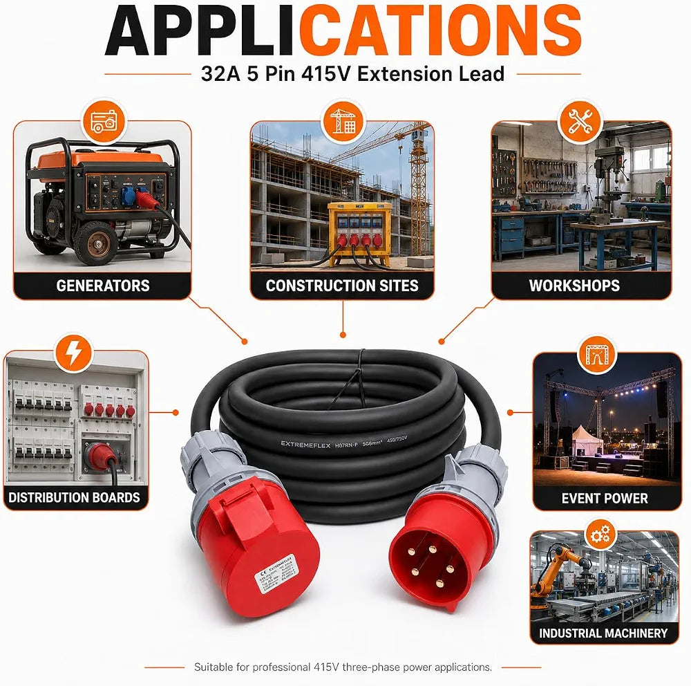 32A 5 Pin 415V 3m Red Industrial 3 Phase Extension Lead – 32 Amp, 5G6mm² H07RN-F Rubber Cable, IP44, CE Marked IEC 60309 Components 